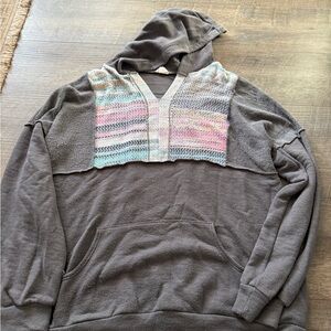 Hooded Pullover Sweater in Charcoal with Pastel Knit Yoke